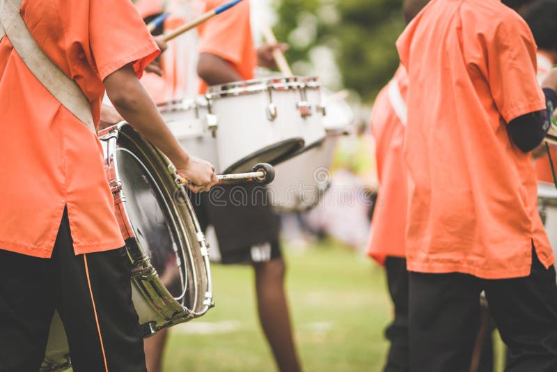 Marching Band Drummers Perform in School Parade Stock Photo Image of