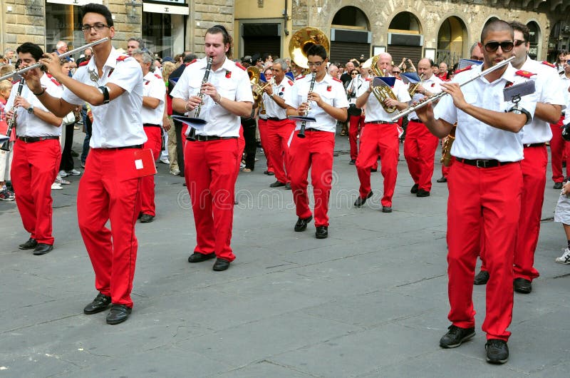 Marching band playing music on the streets of Florence in Italy. Marching band playing music on the streets of Florence in Italy