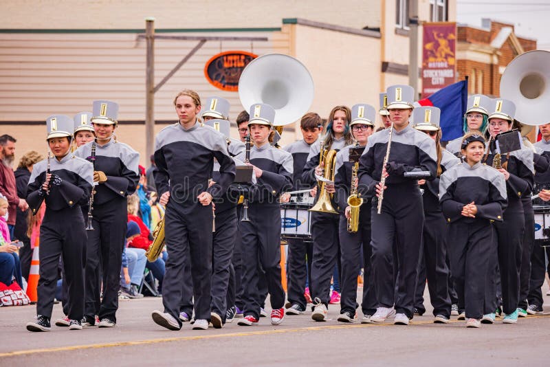 Marching Band Performance in Cowboy Christmas Parade Editorial