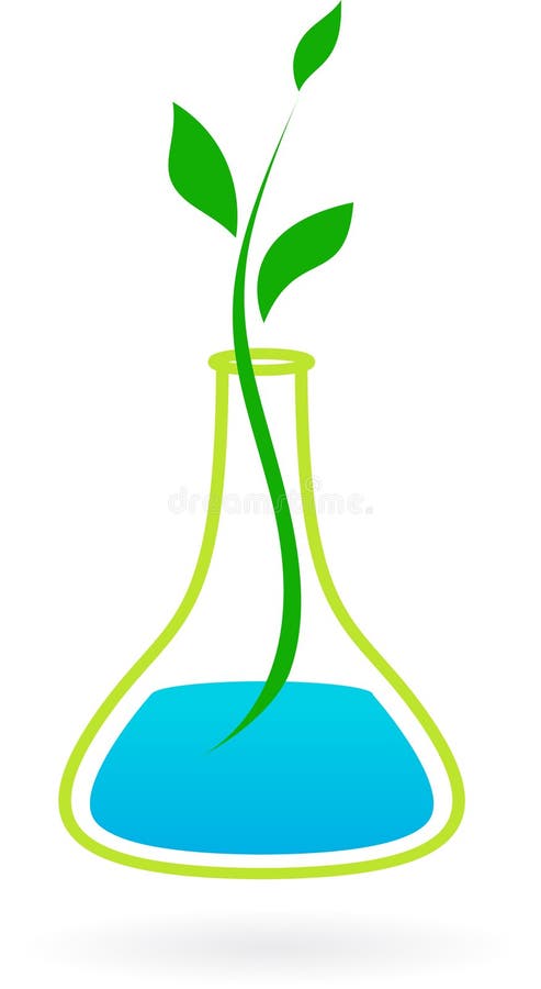 Medical symbol - green branch with three leaves and glass tube - illustration for green energy / eco research. Medical symbol - green branch with three leaves and glass tube - illustration for green energy / eco research