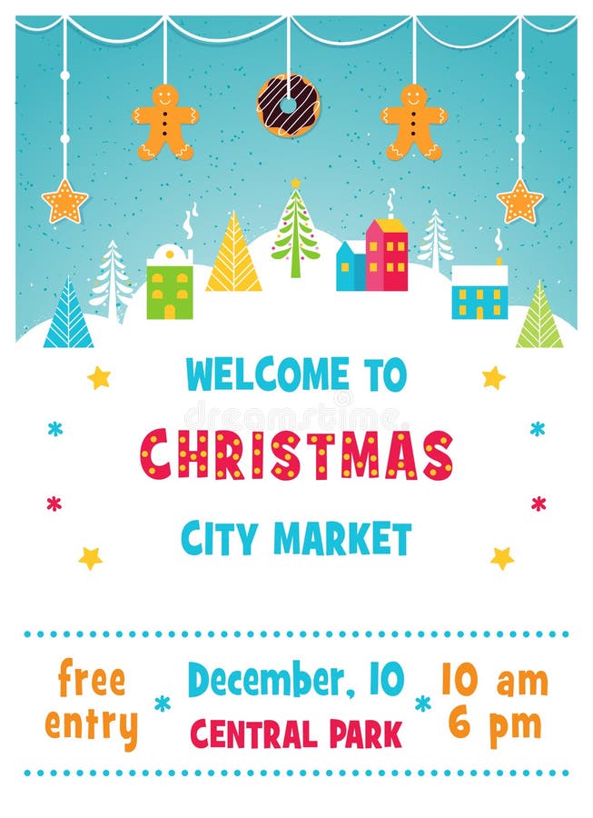Marché de vacances de Noël ou affiche juste avec le paysage de ville d'hiver de Milou, les arbres et la guirlande de biscuits de illustration de vecteur Marché de vacances de Noël ou affiche juste avec le paysage de ville d'hiver de Milou, les arbres et la guirlande de biscuits de illustration de vecteur