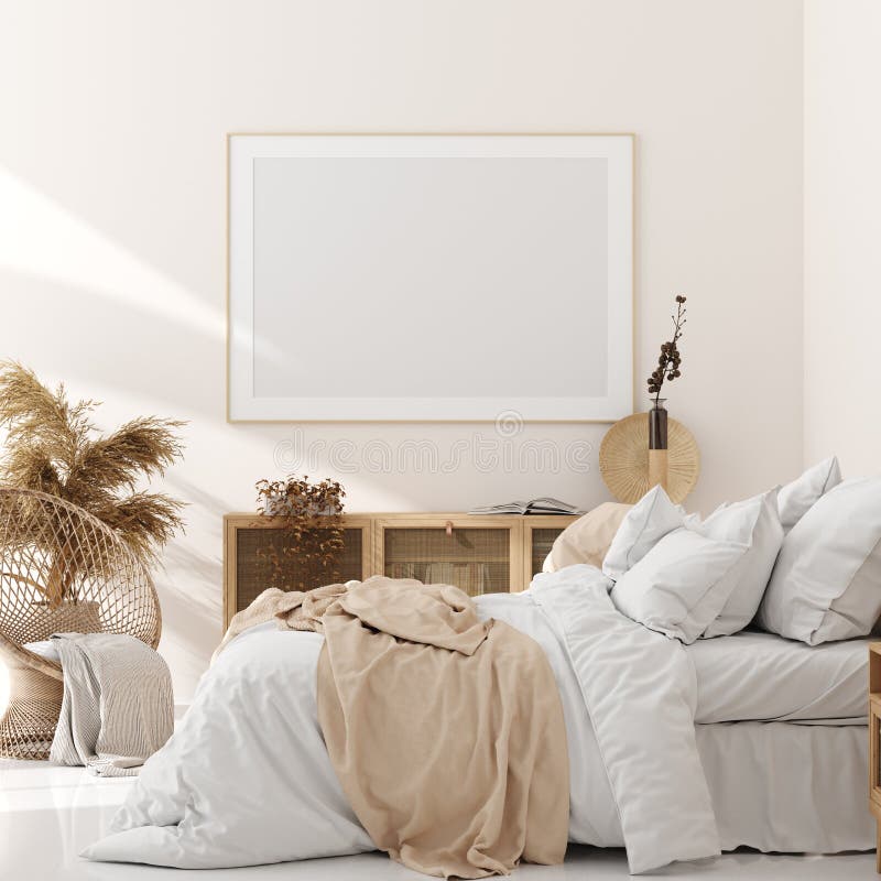 Marco ascendente falso en el interior del dormitorio, sitio beige con muebles de madera naturales, estilo escandinavo