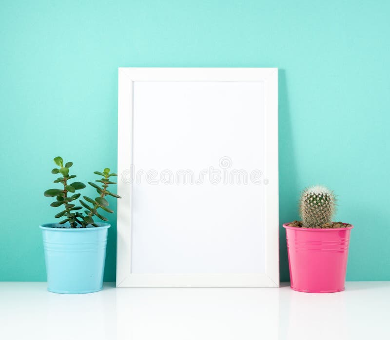 Marco blanco en blanco, cactus de la planta en la tabla blanca contra la pared azul Maqueta con el espacio de la copia foto de archivo libre de regalías Marco blanco en blanco, cactus de la planta en la tabla blanca contra la pared azul Maqueta con el espacio de la copia foto de archivo libre de regalías