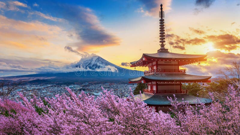 Marco bonito da montanha de Fuji e do pagode de Chureito com as flores de cerejeira no por do sol, Japão Mola em Jap?o