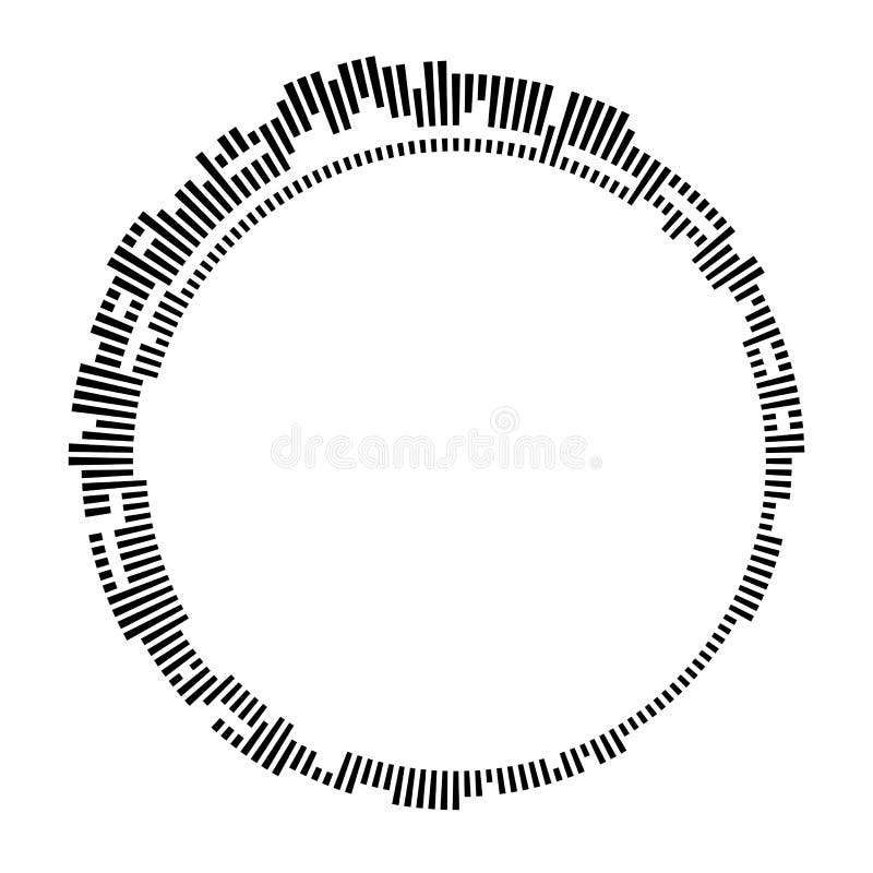 Black circular frame on white background. Round shape. Radial black concentric particles. Black ring of short thin rays. Sound wave. Sun ray or star burst element. Vector monochrome illustration. Black circular frame on white background. Round shape. Radial black concentric particles. Black ring of short thin rays. Sound wave. Sun ray or star burst element. Vector monochrome illustration