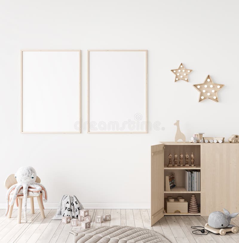 Marco de burla en habitación infantil unisex mínima con mobiliario de madera natural