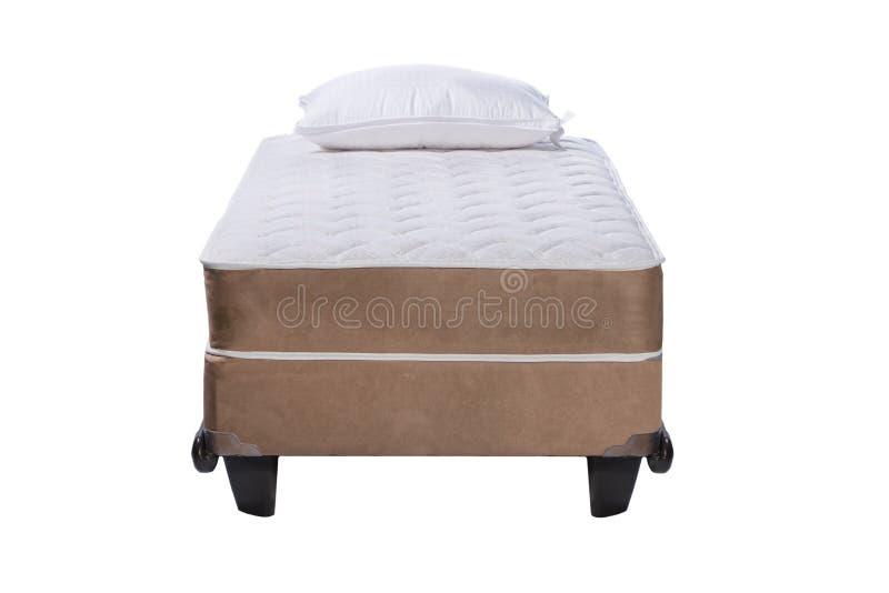 Twin bed frame with soft mattress and white pillow isolated on white background. Twin bed frame with soft mattress and white pillow isolated on white background.