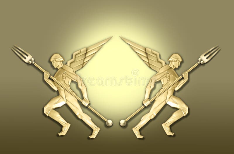 A rough illustration of a frame of golden angels holding forks inspired by the art deco period perfect for a dinner party invitation or a restaurant menu. A rough illustration of a frame of golden angels holding forks inspired by the art deco period perfect for a dinner party invitation or a restaurant menu