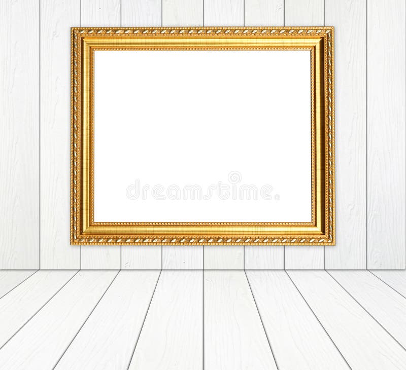 Marco de oro en blanco en sitio con el piso de madera blanco de la pared y de madera fotos de archivo libres de regalías Marco de oro en blanco en sitio con el piso de madera blanco de la pared y de madera fotos de archivo libres de regalías