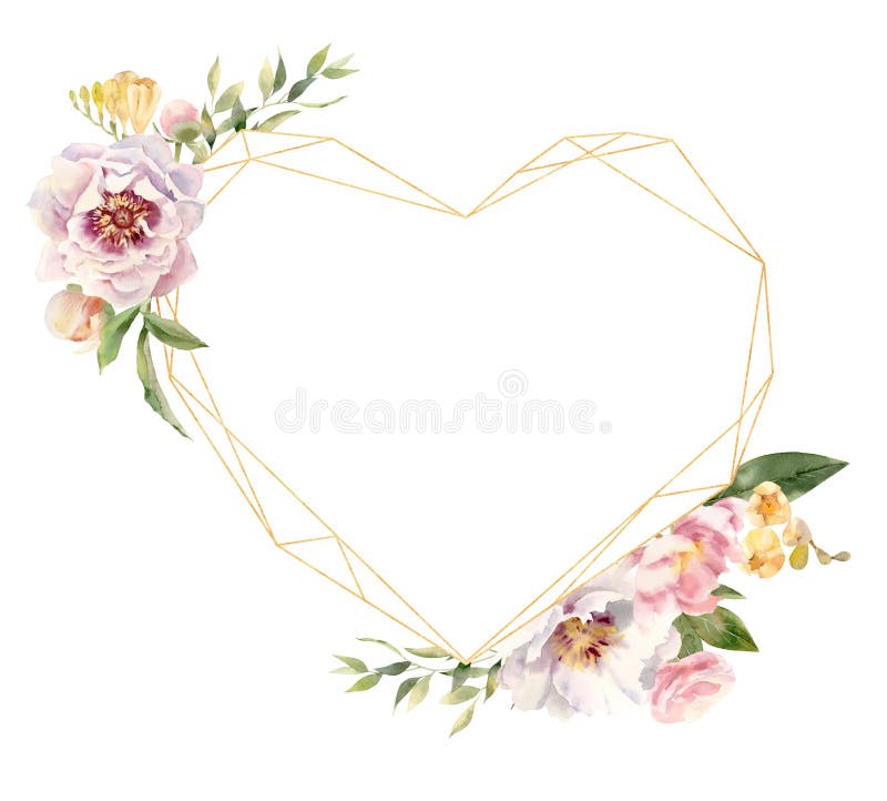 Marco de oro en forma de corazón adornado con las flores pintadas a mano de la acuarela libre illustration