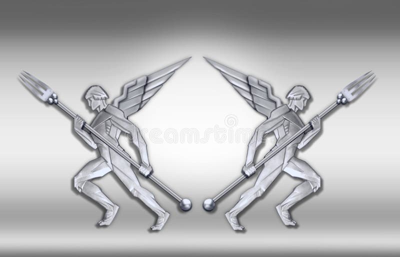 A rough illustration of a frame of silver angels holding forks inspired by the art deco period perfect for a dinner party invitation or a restaurant menu. A rough illustration of a frame of silver angels holding forks inspired by the art deco period perfect for a dinner party invitation or a restaurant menu
