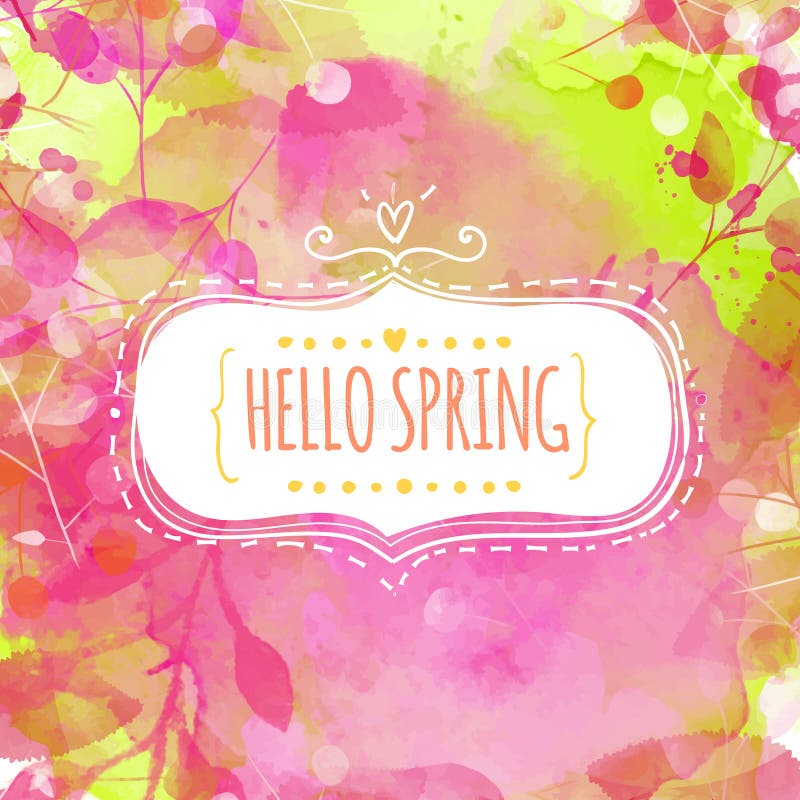 Marco decorativo del garabato con la primavera del texto hola Fondo rosado y verde inspirado naturaleza con textura y hojas de la stock de ilustración Marco decorativo del garabato con la primavera del texto hola Fondo rosado y verde inspirado naturaleza con textura y hojas de la stock de ilustración