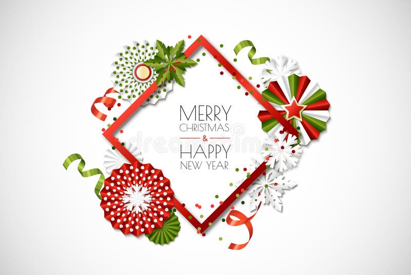 Marco del día de fiesta del vector con las estrellas y los copos de nieve del papel en colores verdes, rojos Feliz Navidad, tarje libre illustration