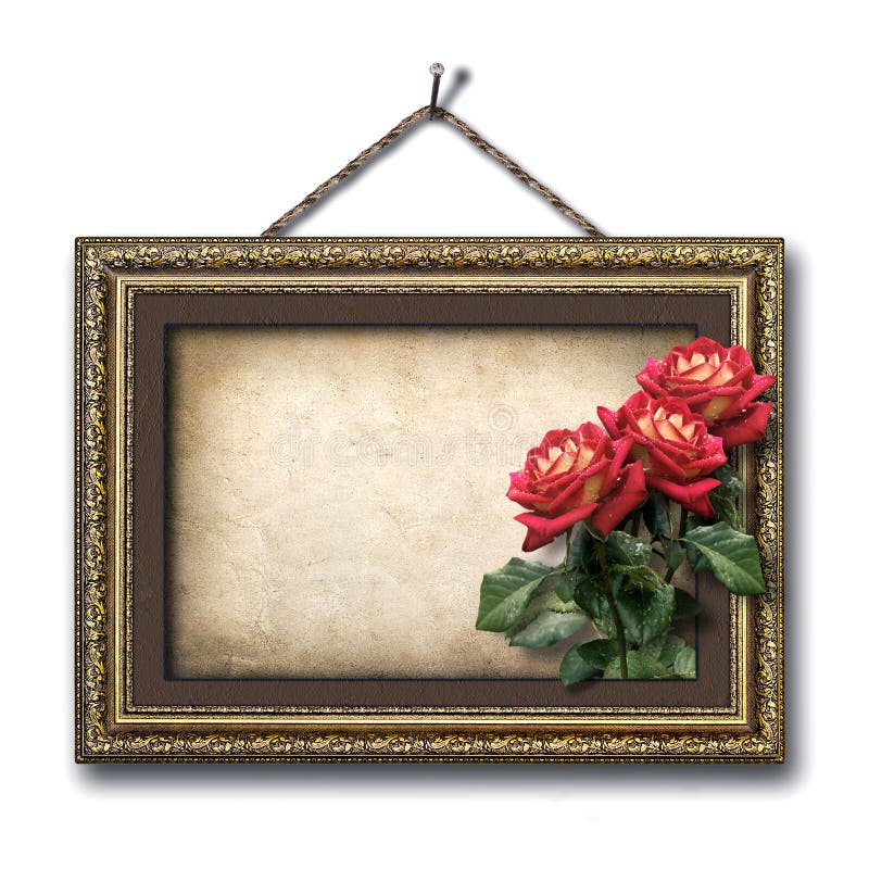 Vintage picture frame and a bouquet of red roses. Vintage picture frame and a bouquet of red roses