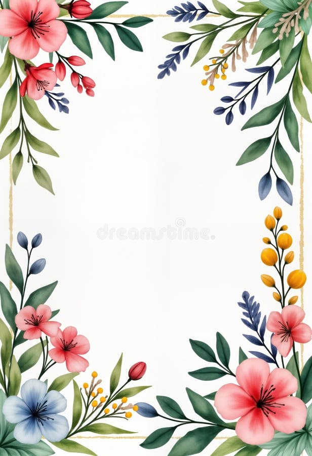 Marco floral acuático para tarjetas de felicitación de boda. Las flores coloridas crean una hermosa frontera. Forma rectangular ve stock de ilustración