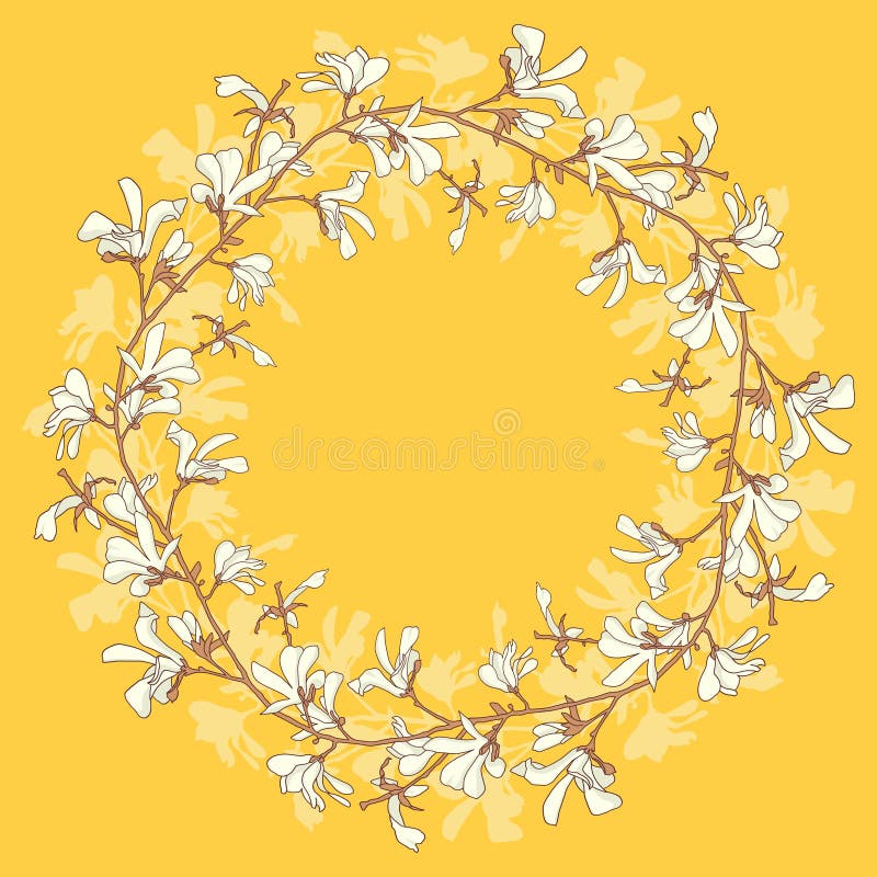 Marco floral con el flor del árbol de la magnolia Fondo amarillo con la flor de la rama y de la magnolia Diseño de la guirnalda d ilustración del vector Marco floral con el flor del árbol de la magnolia Fondo amarillo con la flor de la rama y de la magnolia Diseño de la guirnalda d ilustración del vector