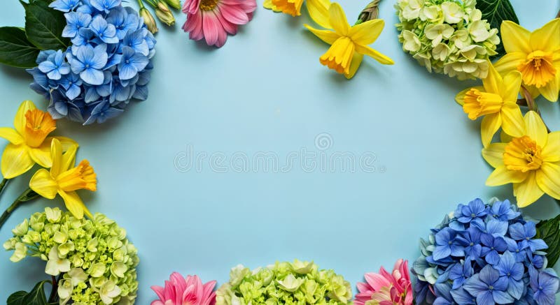 Marco floral de primavera colorido con Hydrangeas Daffodils y Gerberas sobre fondo azul stock de ilustración