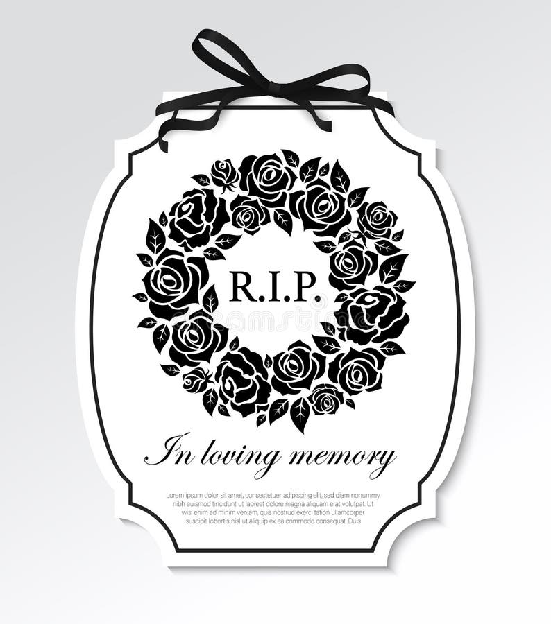 Funeral frame with black flowers round wreath, mourning ribbon bow and typography. Funereal card with RIP rest in peace and in loving memory condolence. Gravestone plaque or frame with roses vector. Funeral frame with black flowers round wreath, mourning ribbon bow and typography. Funereal card with RIP rest in peace and in loving memory condolence. Gravestone plaque or frame with roses vector
