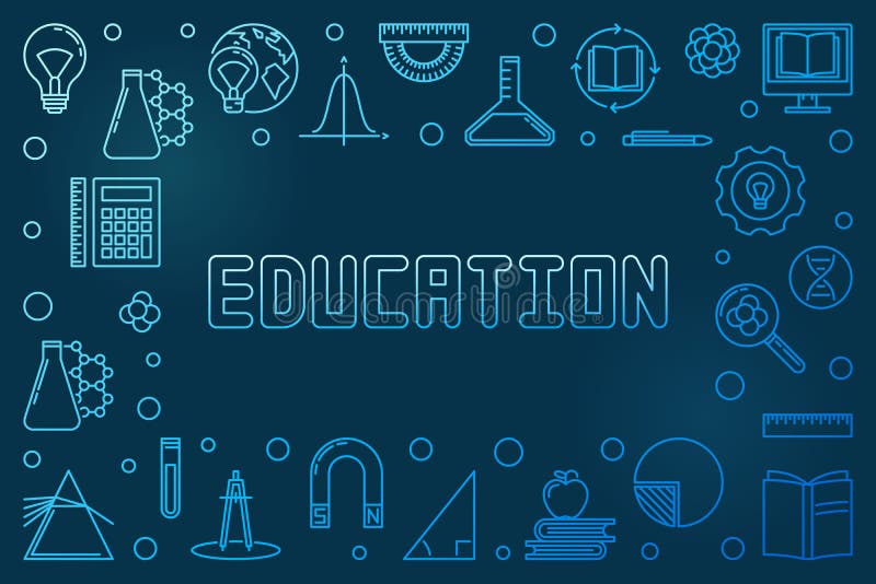 Marco linear azul horizontal del concepto de la educación - bandera del vector. Marco linear azul horizontal del concepto de la educación del vector - ejemplo o bandera en fondo oscuro