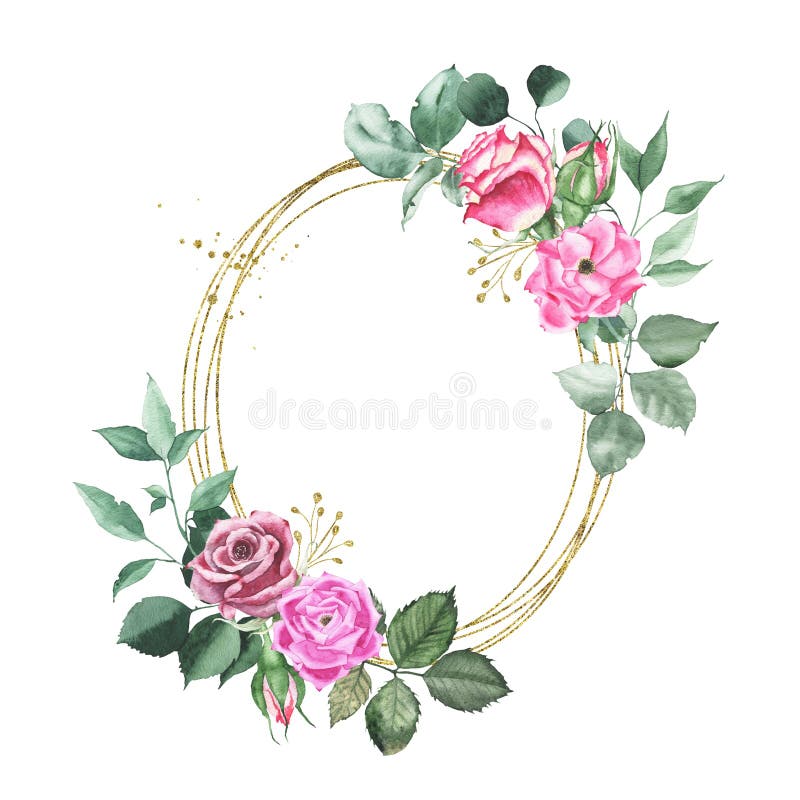 Watercolor gold geometrical round oval frame with pink maroon purple red roses bud flower green leaves spring flora isolated on white background. Botanical illustration for wedding invitation card. Watercolor gold geometrical round oval frame with pink maroon purple red roses bud flower green leaves spring flora isolated on white background. Botanical illustration for wedding invitation card