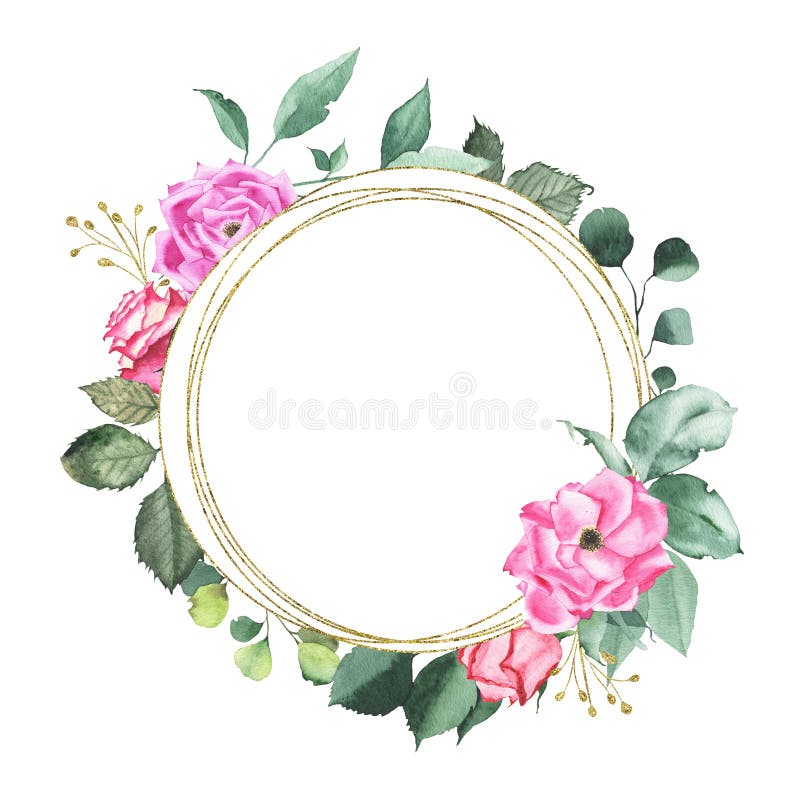 Watercolor gold geometrical round frame with pink purple red roses bud flower green leaves plant herb spring flora isolated on white background. Botanical illustration for wedding invitation design. Watercolor gold geometrical round frame with pink purple red roses bud flower green leaves plant herb spring flora isolated on white background. Botanical illustration for wedding invitation design