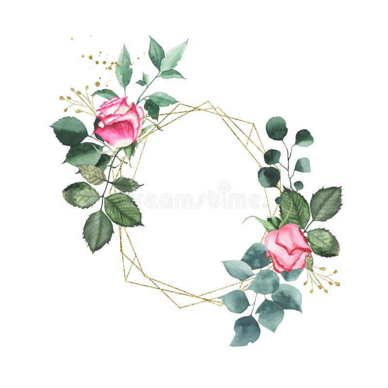 Watercolor gold geometrical round oval frame with pink red roses bud flower green leaves plant herb spring flora isolated on white background. Botanical illustration for wedding invitation card design. Watercolor gold geometrical round oval frame with pink red roses bud flower green leaves plant herb spring flora isolated on white background. Botanical illustration for wedding invitation card design