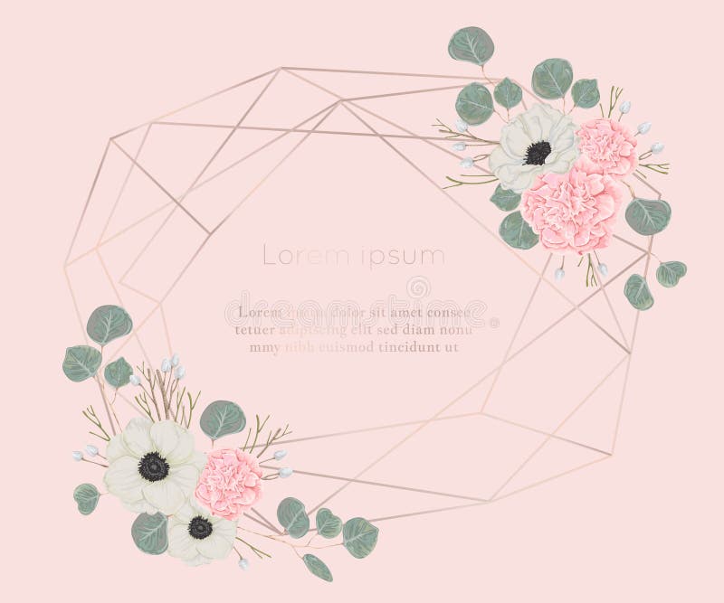 Marco poligonal del oro de Rose con los elementos florales en estilo de la acuarela Camelias rosadas, flores blancas de la anémon ilustración del vector Marco poligonal del oro de Rose con los elementos florales en estilo de la acuarela Camelias rosadas, flores blancas de la anémon ilustración del vector