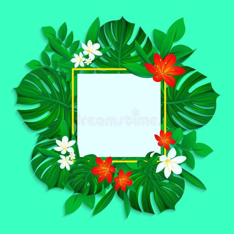 Marco tropical con las hojas de la selva, monstera y las flores coloridas Diseño de la frontera del vector Ilustración Fondo trop libre illustration Marco tropical con las hojas de la selva, monstera y las flores coloridas Diseño de la frontera del vector Ilustración Fondo trop libre illustration