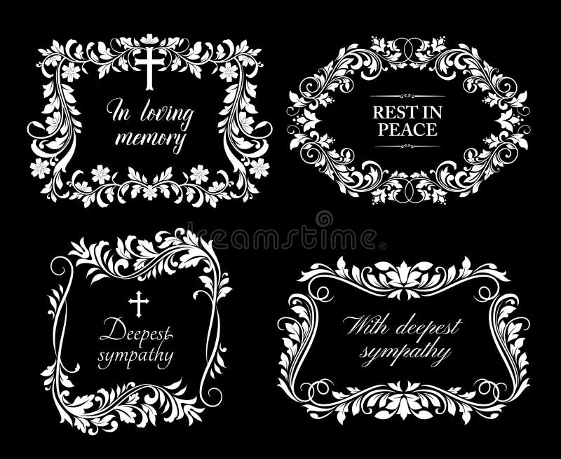 Funeral frame with floral decor. Funerary card border with flowers blossom, leaves on stem and crucifix cross vector. Mortuary memorial plate with rest in peace, in loving memory condolences lettering. Funeral frame with floral decor. Funerary card border with flowers blossom, leaves on stem and crucifix cross vector. Mortuary memorial plate with rest in peace, in loving memory condolences lettering