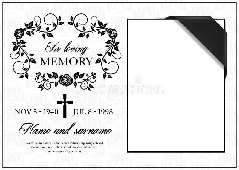 Funeral card vector template, vintage condolence flower ornament with cross, place for photo with black ribbon in corner, name, birth and death dates. Obituary memorial, gravestone funeral card. Funeral card vector template, vintage condolence flower ornament with cross, place for photo with black ribbon in corner, name, birth and death dates. Obituary memorial, gravestone funeral card