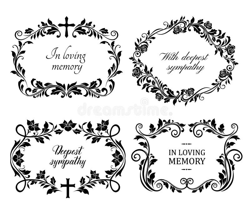 Funeral mourning frames with roses and lily flowers engraved arrangements. Funerary memorial plates borders with floral black ornaments and cross vector. Funeral borders with memorial condolences. Funeral mourning frames with roses and lily flowers engraved arrangements. Funerary memorial plates borders with floral black ornaments and cross vector. Funeral borders with memorial condolences