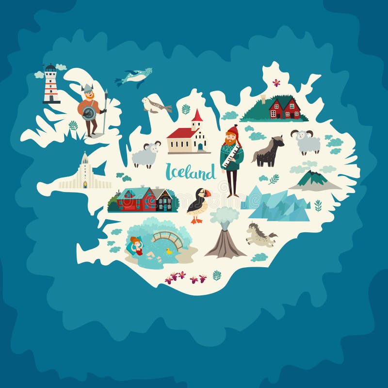 Mapa da Islândia com pontos de referência ilustração royalty free