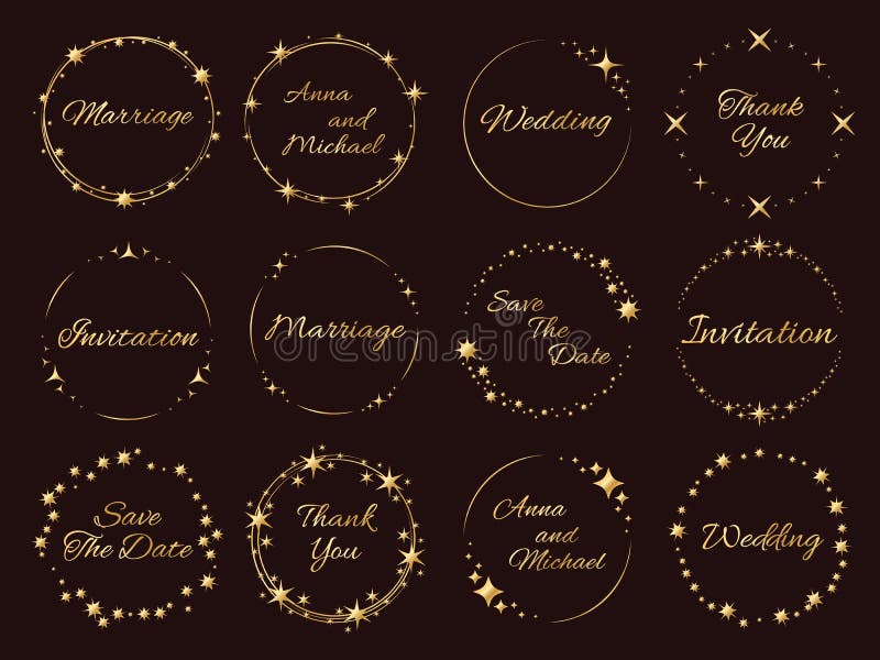 Stardust golden frames. Wedding invitations inscriptions, stars and sparks around, luxury event decor, elegance template collection. Round glitter shiny effect particles with copy space vector set. Stardust golden frames. Wedding invitations inscriptions, stars and sparks around, luxury event decor, elegance template collection. Round glitter shiny effect particles with copy space vector set