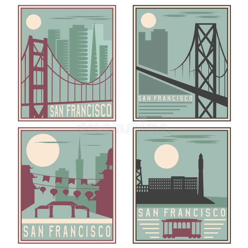 Old style vintage retro posters with San Francisco landmarks. Old style vintage retro posters with San Francisco landmarks