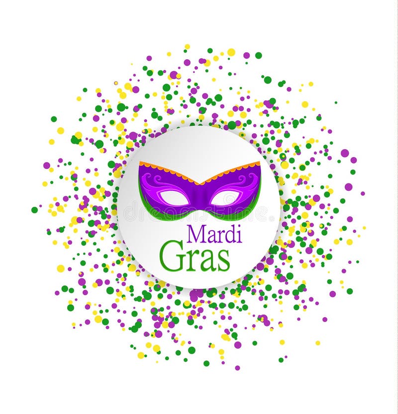 Mardi Gras abstract pattern made of colored dots on white background with colored mask in circle in center.Yellow, green and purpl