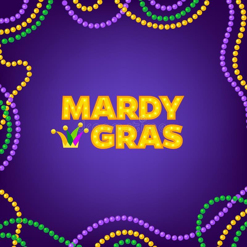 Mardi Gras carnival background with colorfull beads frame. Text with Jesters hat. Vector illustration Isolated on purple