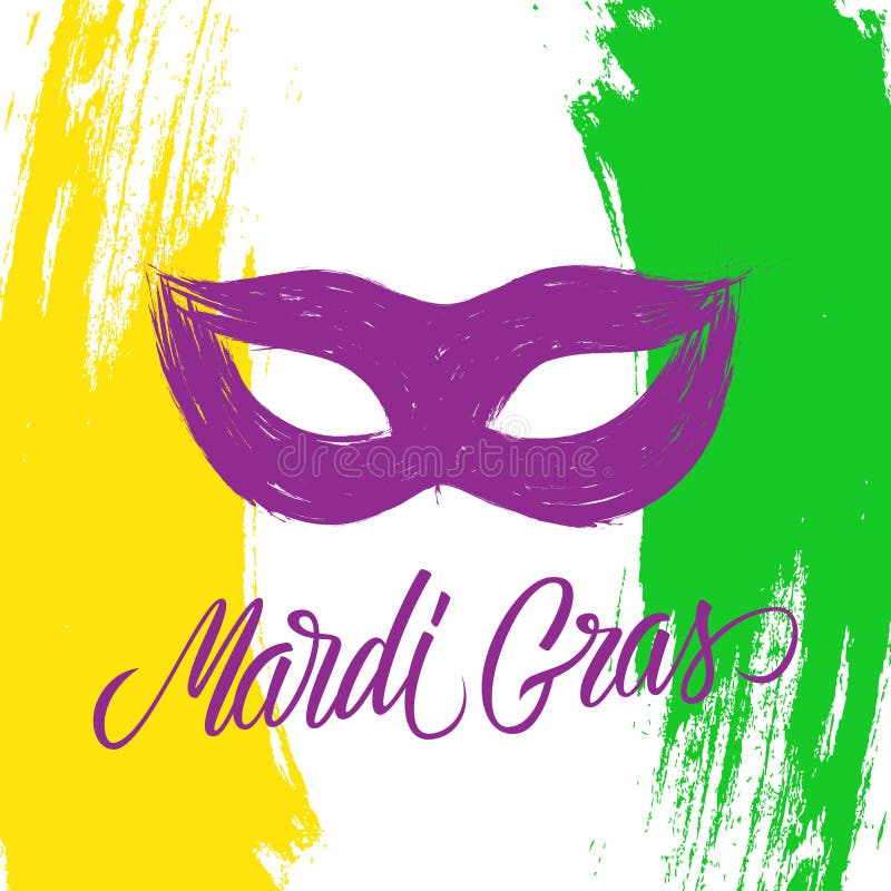 Mardi Gras celebrate card with calligraphic lettering text design, brush stroke background and carnival mask.