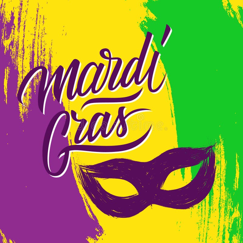 Mardi Gras holiday brush stroke background with calligraphic lettering text design and carnival mask.