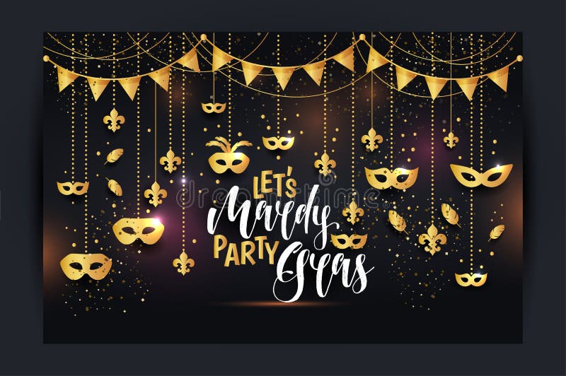Mardi Gras-kader met een gouden die masker en fleur-DE-lis, op zwarte achtergrond wordt een geïsoleerd Vector illustratie vector illustratie Mardi Gras-kader met een gouden die masker en fleur-DE-lis, op zwarte achtergrond wordt een geïsoleerd Vector illustratie vector illustratie