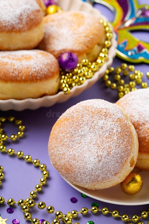 Mardi Gras King Cake Doughnuts or Donuts, Carnival Masks on Purple ...