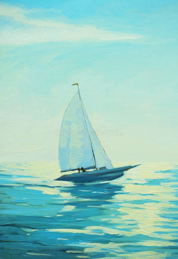 Mare della barca a vela di mattina, pittura, illustrazione vettoriale Mare della barca a vela di mattina, pittura, illustrazione vettoriale