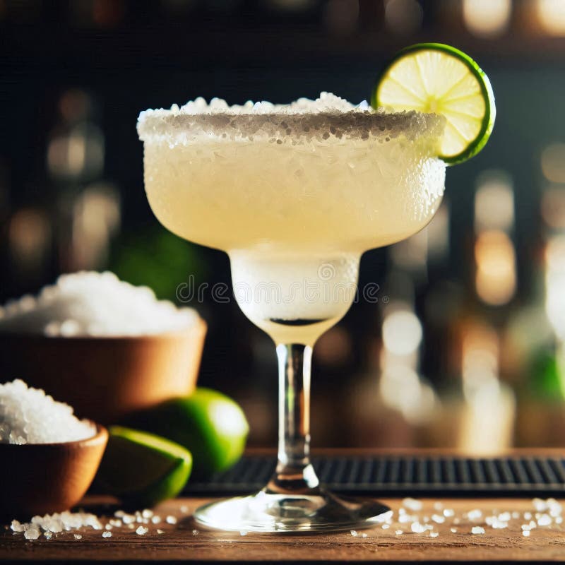 A Margarita Cocktail with a Salted Rim and a Lime Wedge on a Bar A Margarita Cocktail with a Salted Rim and a Lime Wedge on a Bar