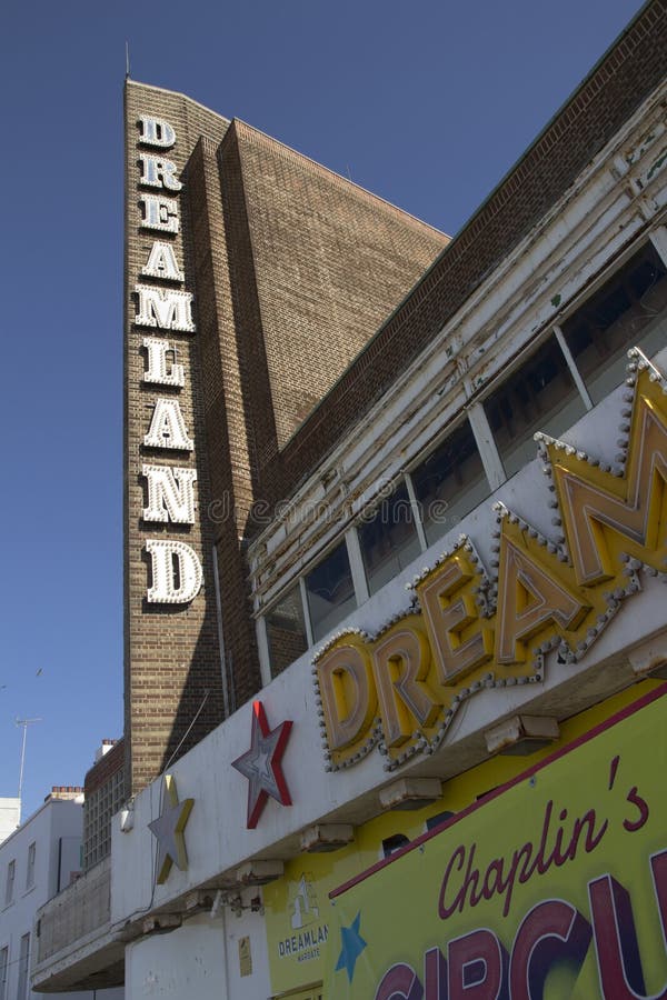 MARGATE, KENT, UK - JUNE 5, 2014. The iconic Dreamland sign at Margate. Dreamland has recently reopened featuring heritage rides from a number of UK sites. MARGATE, KENT, UK - JUNE 5, 2014. The iconic Dreamland sign at Margate. Dreamland has recently reopened featuring heritage rides from a number of UK sites.