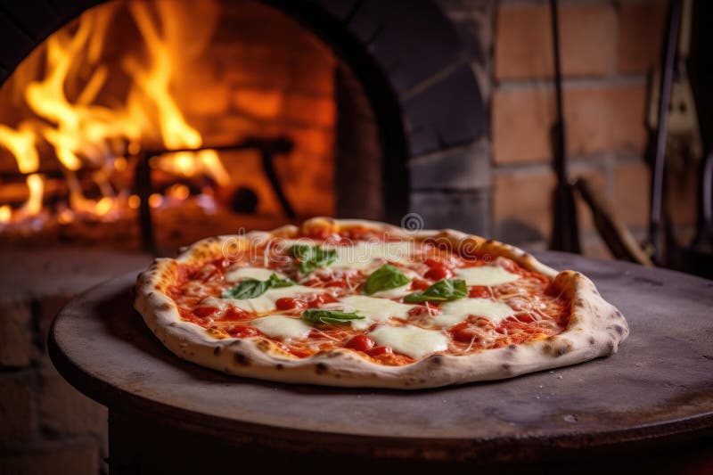 A Margherita Pizza Baking in a Traditional Brick Pizza Oven Stock Image