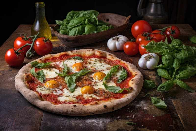 A Margherita Pizza on a Rustic Stone Surface, Surrounded by Raw