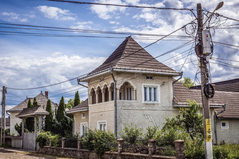 Marginea, Romania - July 13, 2019: Decorated house in Marginea, small town famous for production of black pottery. Marginea, Romania - July 13, 2019: Decorated house in Marginea, small town famous for production of black pottery