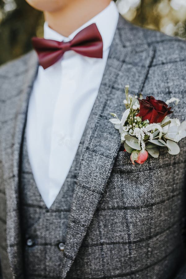 Marié Dans Un Costume Avec Un Mariage Boutonniere De Fleurs Et Un Noeud  Papillon Rouge Dans La Nature Image stock - Image du boutonnière, fleur:  212477287