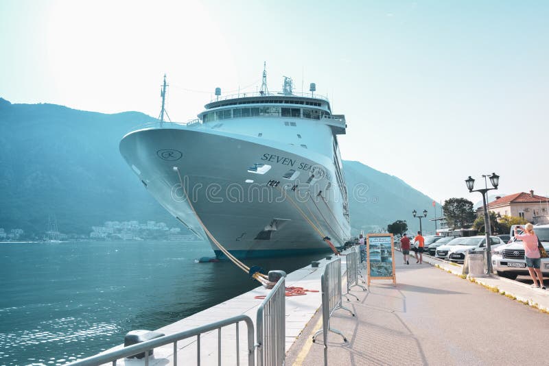 Liner Seven Seas Voyager in the port of Kotor, Montenegro 12.06.2019. Liner Seven Seas Voyager in the port of Kotor, Montenegro 12.06.2019