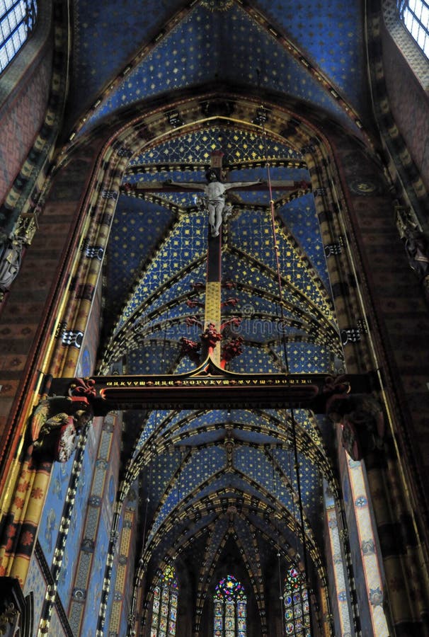 Ceiling in the Mariacki church in Krakow with magnificent decorations - Stained Glass. Poland