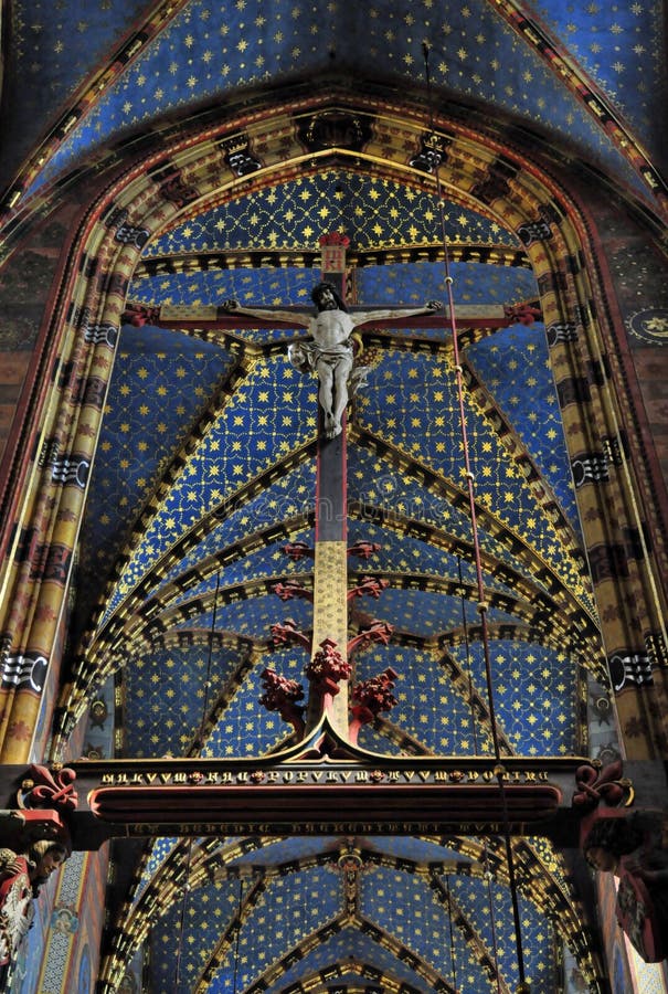 Ceiling in the Mariacki church in Krakow with magnificent decorations - Stained Glass. Poland